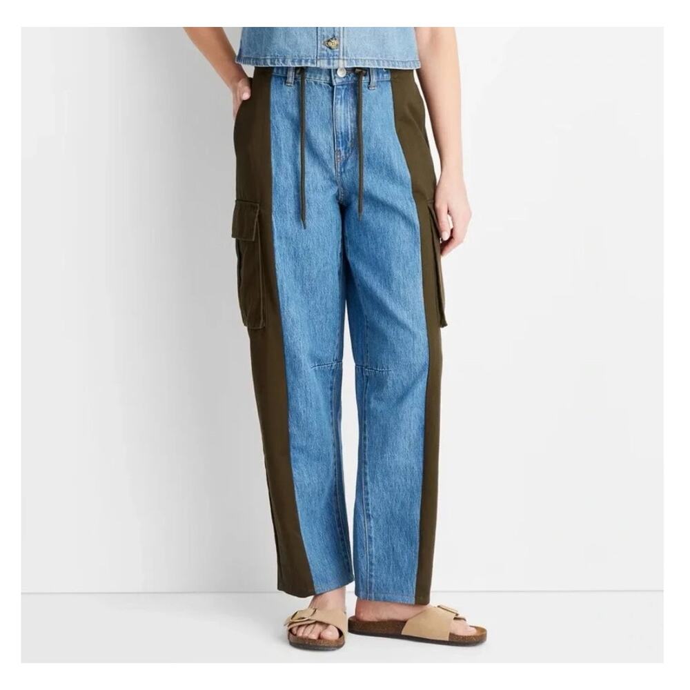 NWT Future Collective Womens Colorblock Denim Olive Cargo Pants Sz 4 Y2K Utility
